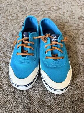 Sperry Turquoise Canvas Boat Shoes with Tan Laces